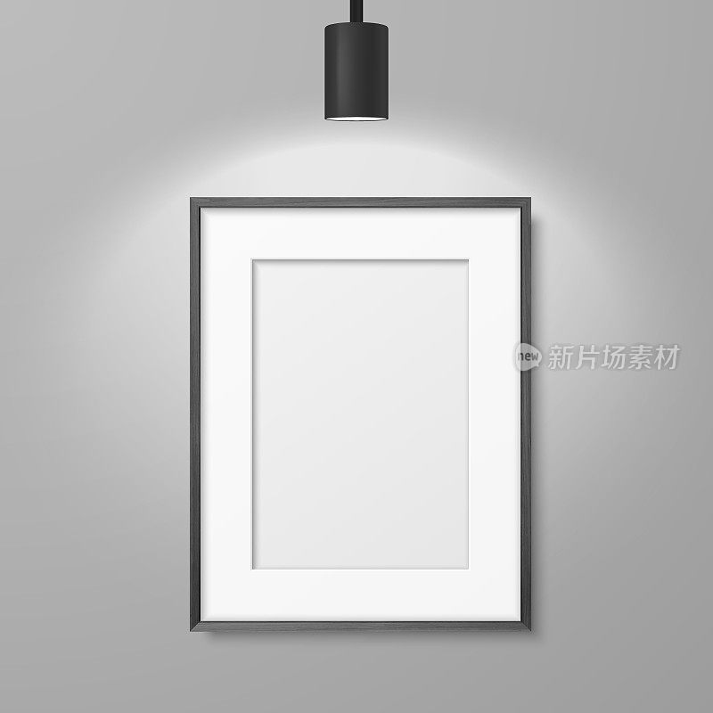 Vector 3d Realistic A4 Black Wooden Simple Modern Frame for Presentstion on a White Wall Background with a Luminous Spot Lamp on Top, Above Frame. Design Template for Mockup, Front View